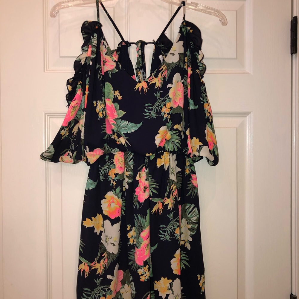 navy floral print tie back mini dress